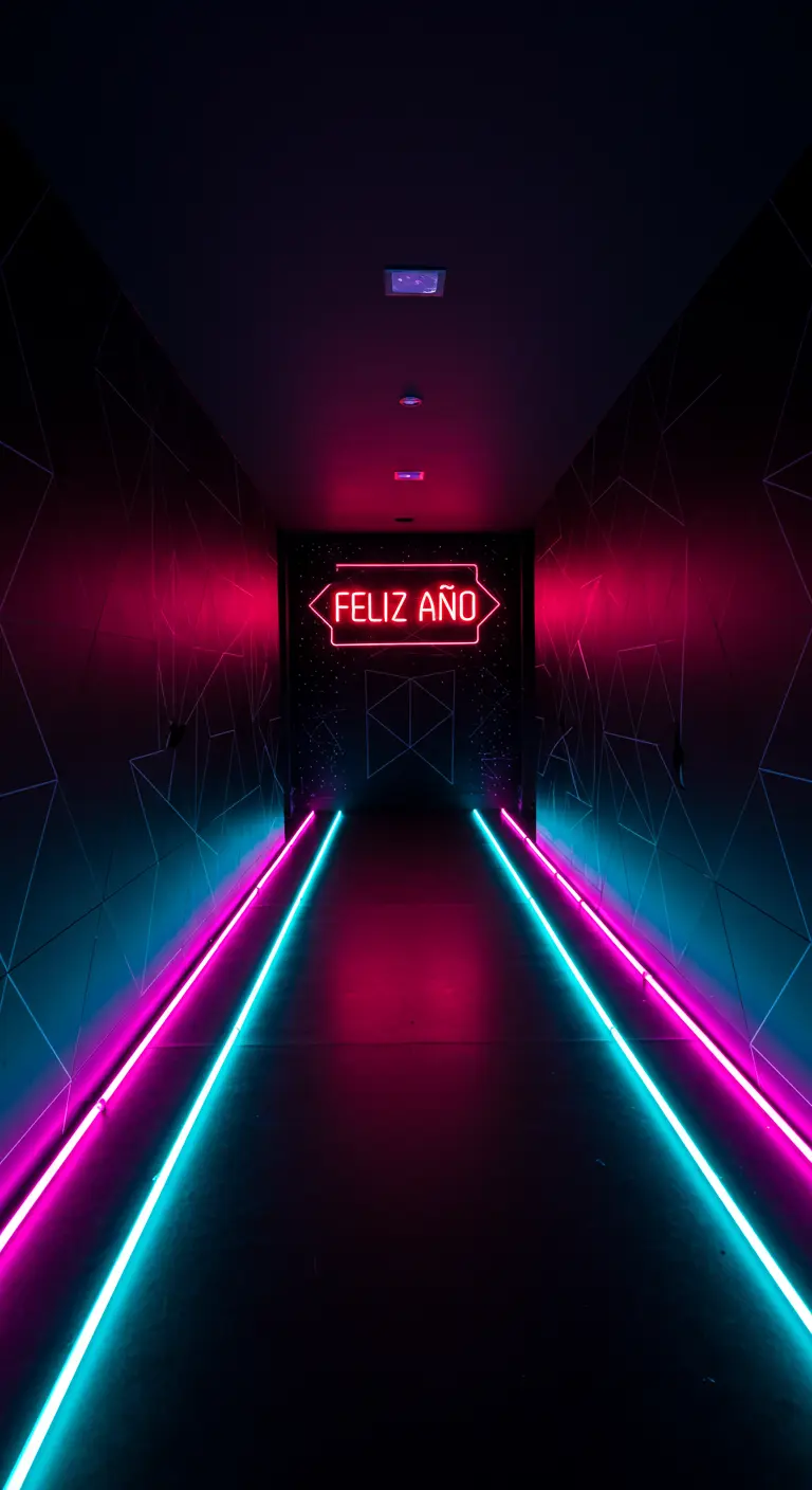 Pasillo oscuro iluminado con líneas de neón fucsia y turquesa y un letrero.