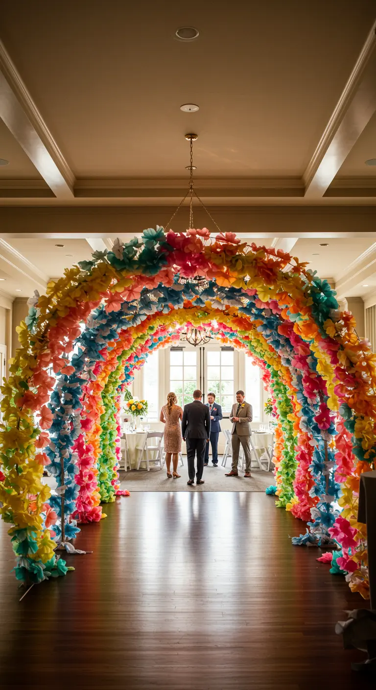 Invitados caminando a través de un largo túnel de arcos cubierto de guirnaldas de papel multicolor.