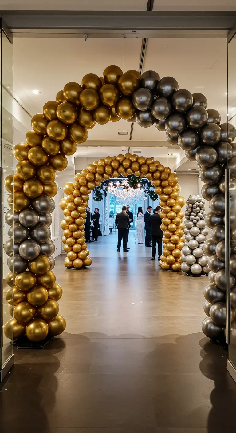Varios arcos de globos dorados y plateados formando un túnel en una entrada.