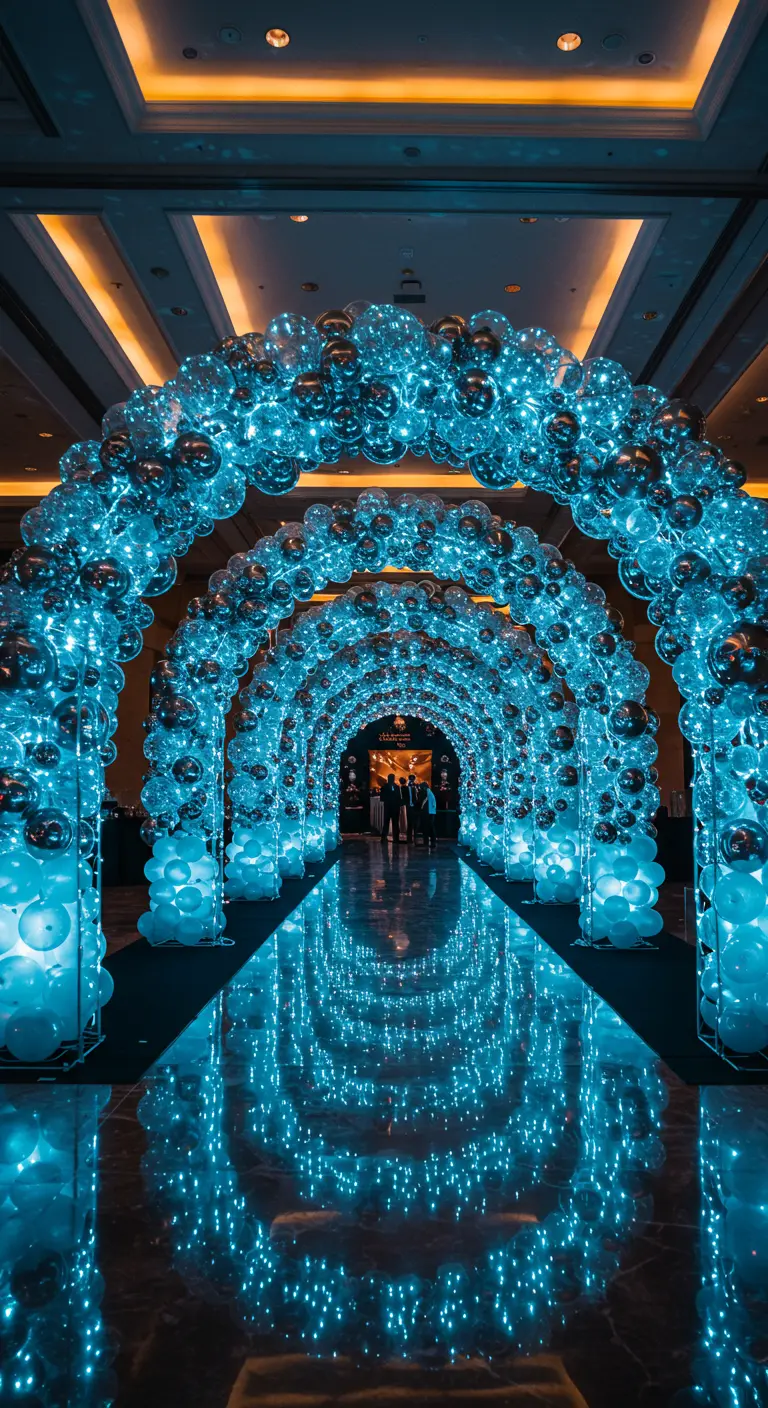 Túnel hecho de arcos de globos azules y plateados con luces LED, creando un efecto infinito.