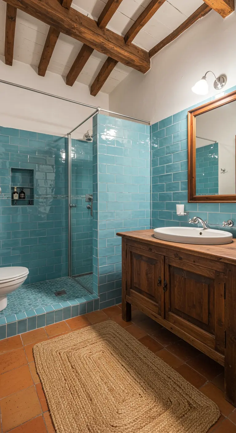 Baño rústico con azulejos turquesa, mueble de madera, suelo de terracota y vigas de madera.