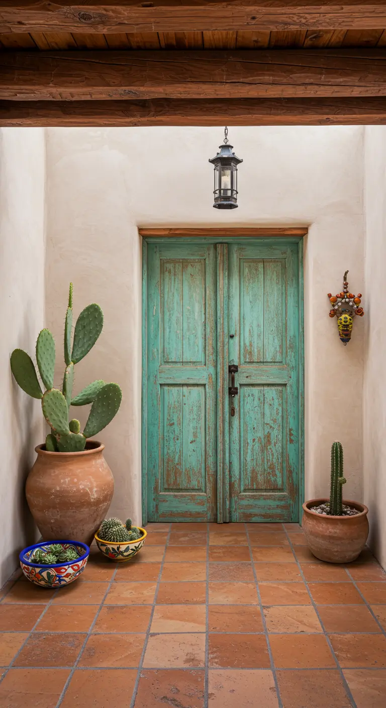 Entrada rústica con puerta doble turquesa desgastada, cactus y suelo de terracota.