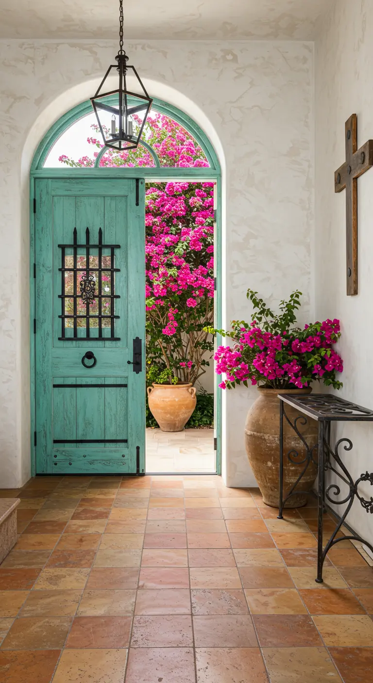 Entrada mediterránea con puerta turquesa rústica, buganvillas y suelo de terracota.