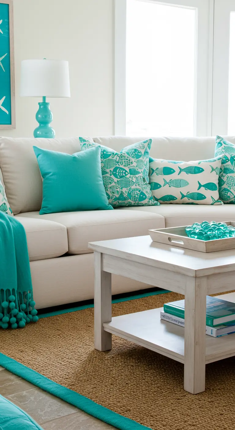 Sala de estar con sofá blanco y vibrantes acentos de color turquesa en cojines y manta