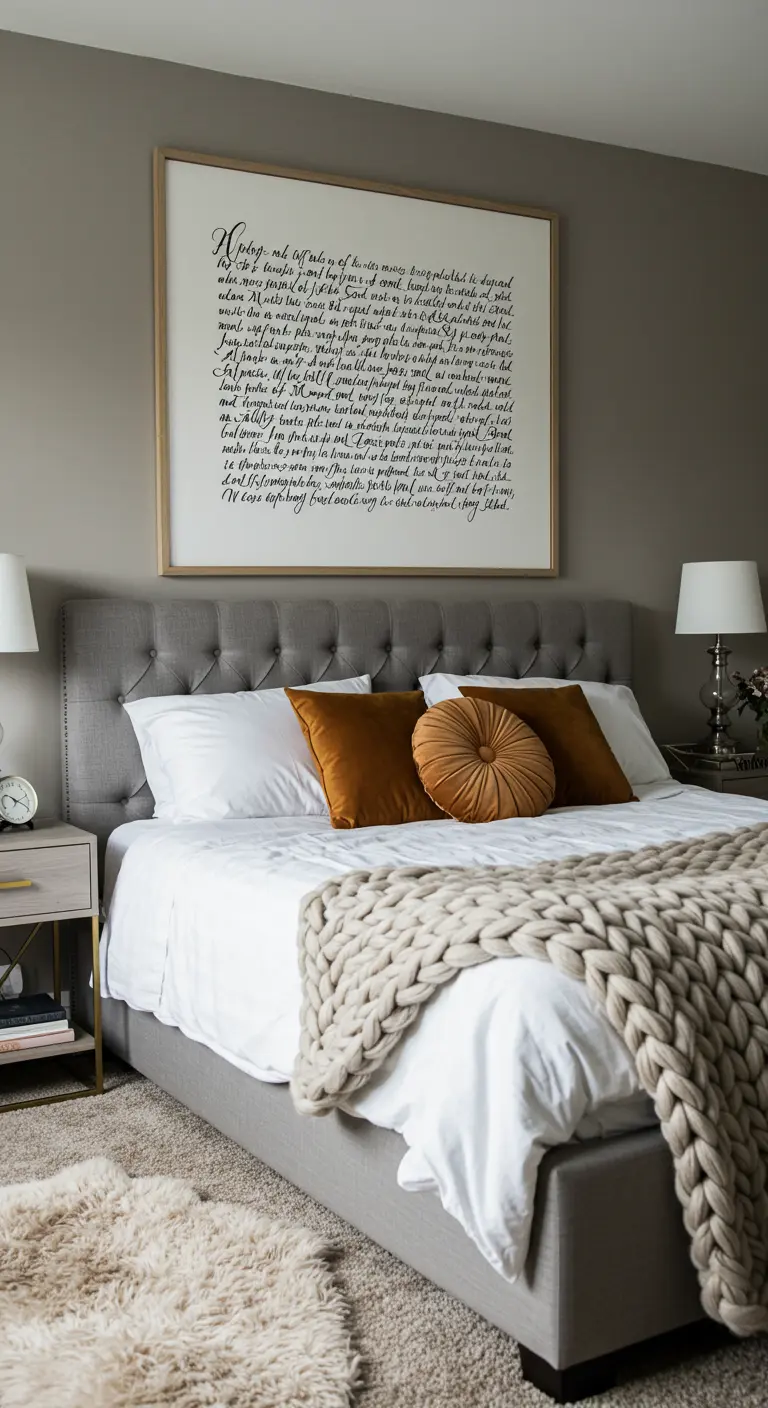 Gran cuadro con un texto de caligrafía manuscrita sobre una cama con cabecero gris.