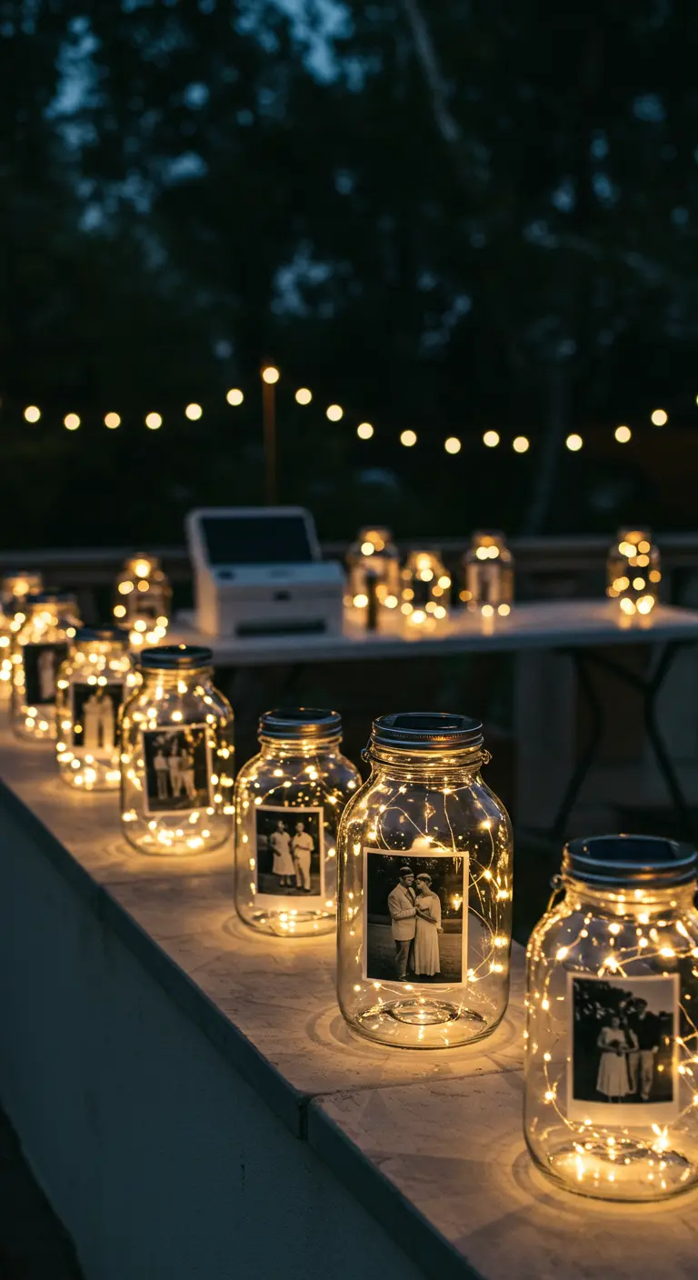 Frascos de vidrio con luces de hadas y fotografías antiguas en blanco y negro en su interior.