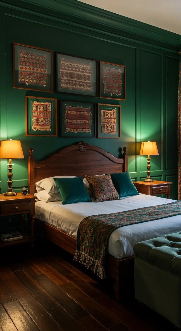 Dormitorio elegante con paredes verde oscuro y una colección de textiles tribales enmarcados.