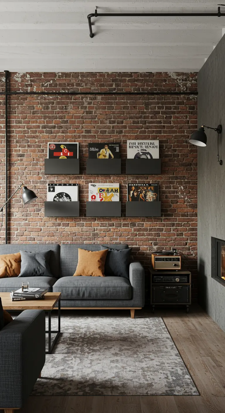 Repisas metálicas negras en una pared de ladrillo mostrando portadas de discos de vinilo.