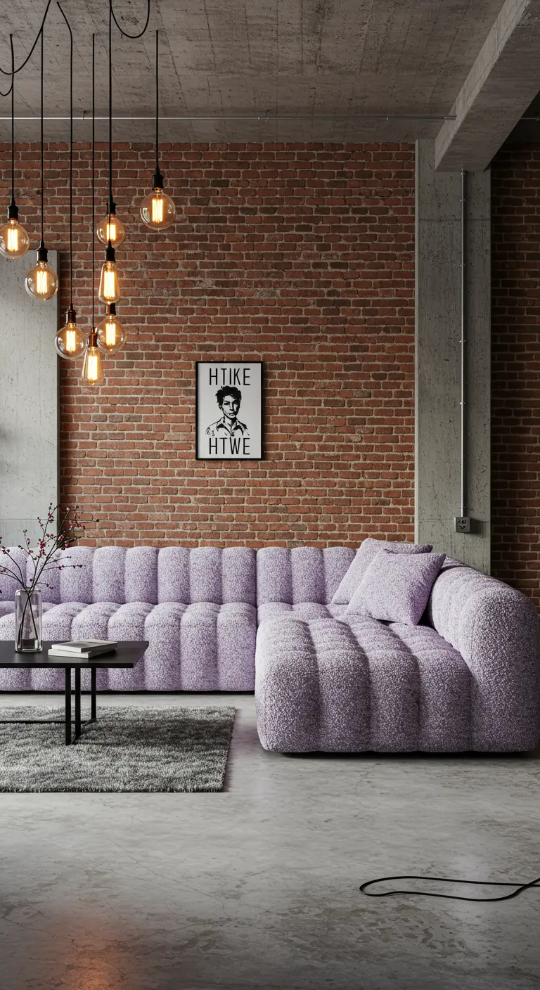Sofá modular de bouclé lavanda en un loft industrial con pared de ladrillo y suelo de cemento.