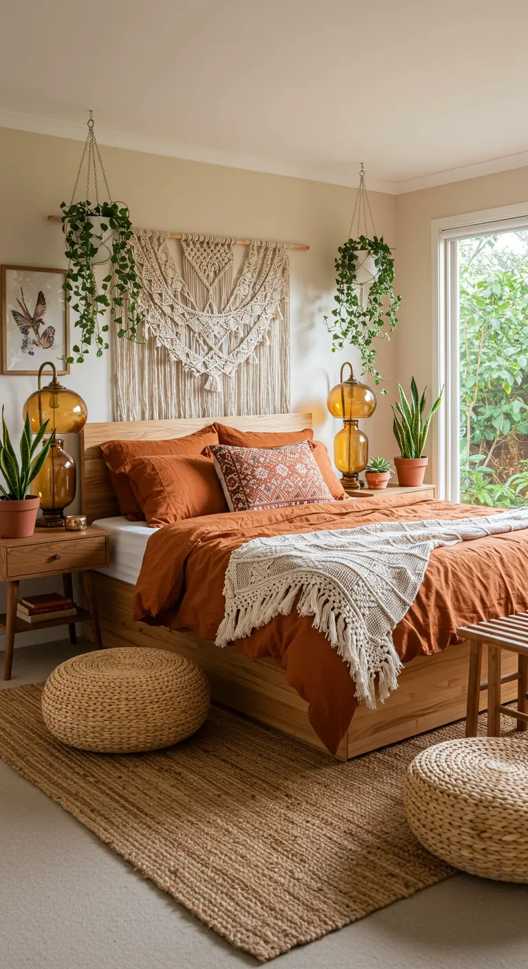Dormitorio bohemio con ropa de cama terracota, tapiz de macramé y plantas colgantes