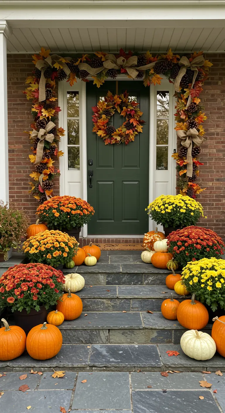 Puerta de entrada verde enmarcada por una exuberante guirnalda de hojas de otoño y piñas.