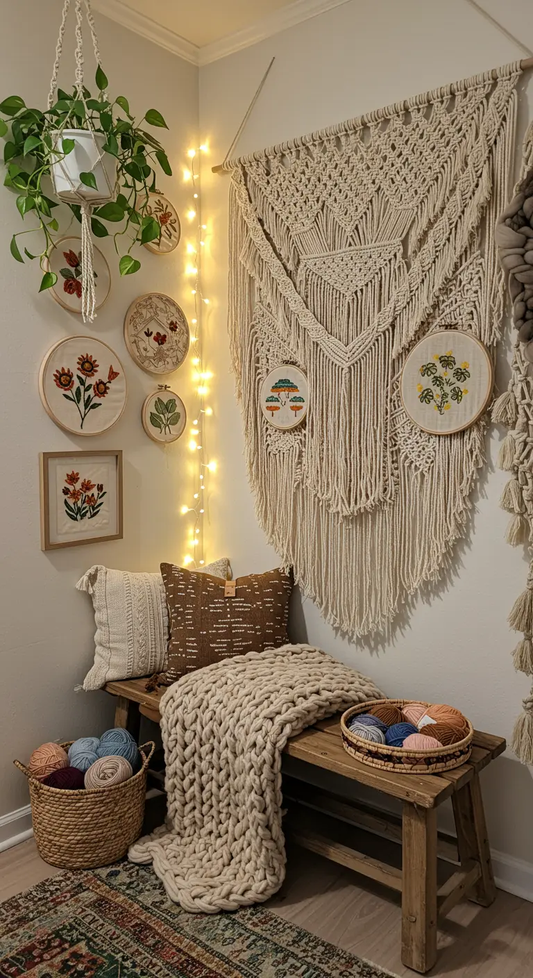 Rincón acogedor con un gran tapiz de macramé, bordados, luces cálidas y un banco de madera