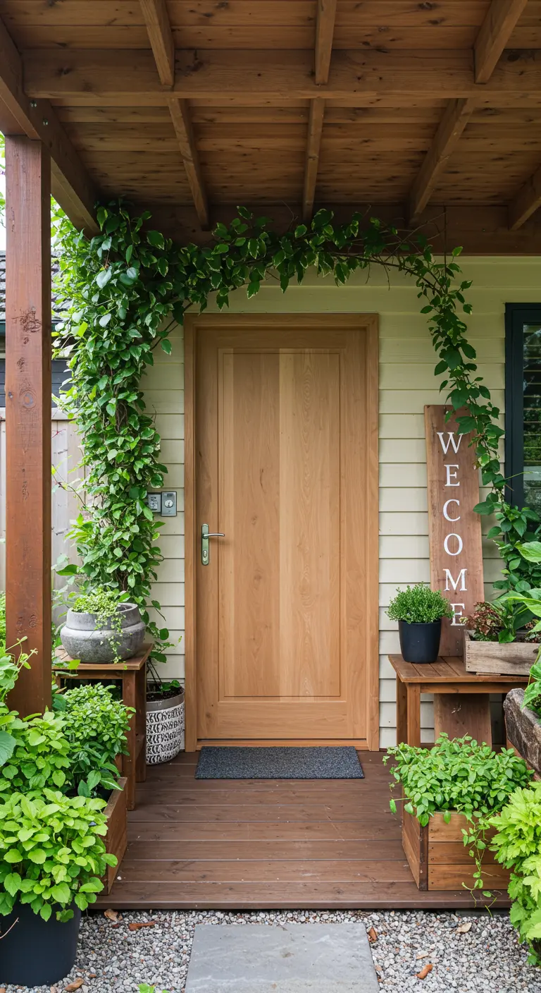 Puerta de entrada de madera enmarcada por una planta trepadora que forma un arco natural.