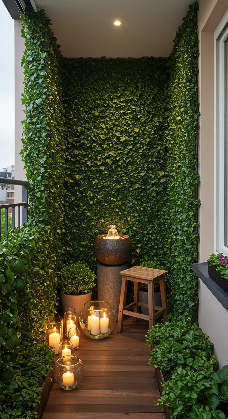 Balcón estrecho con una pared cubierta de hiedra, una fuente de esfera y velas en recipientes de cristal