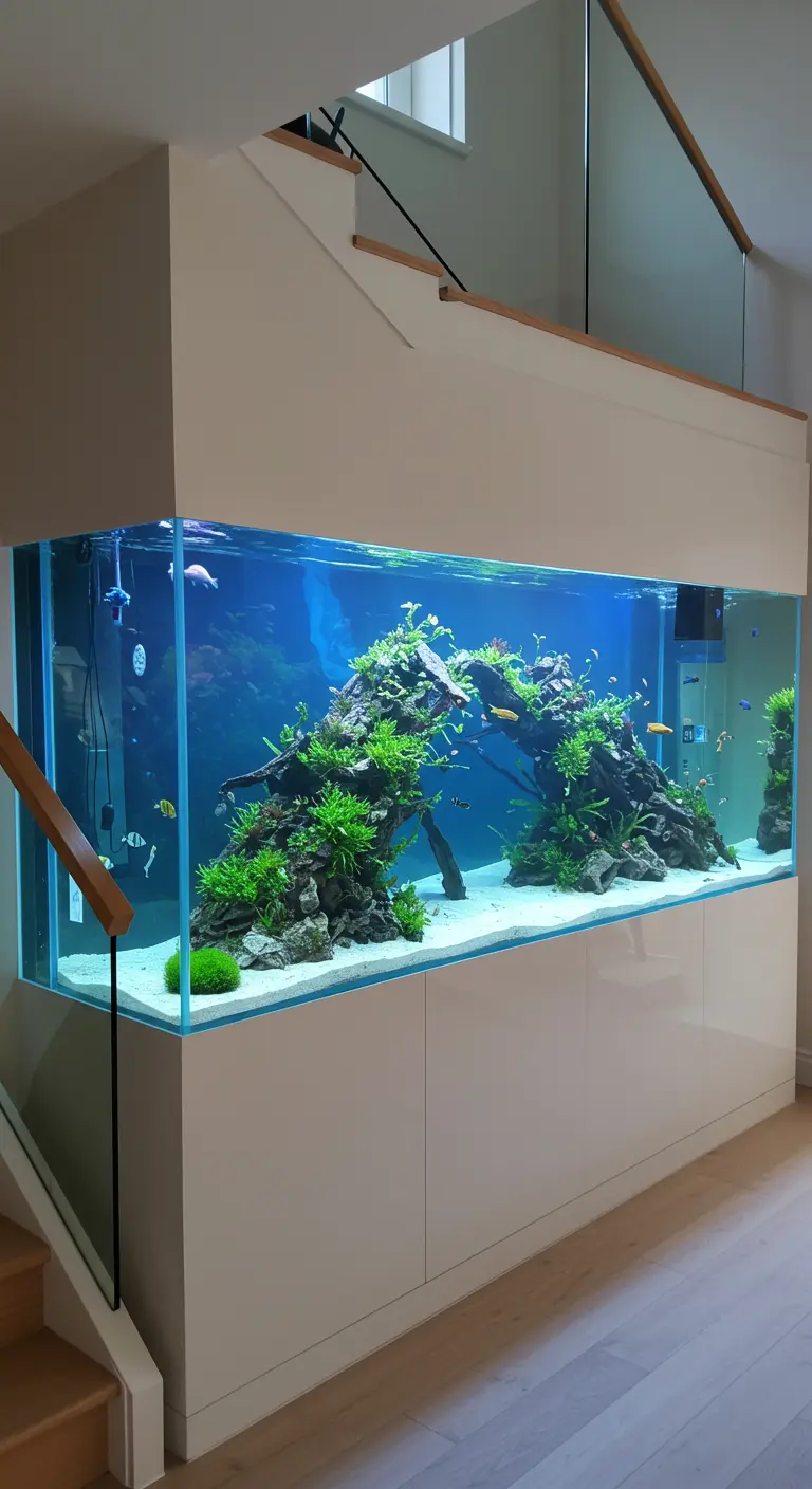 Gran acuario de agua dulce integrado en la pared bajo una escalera
