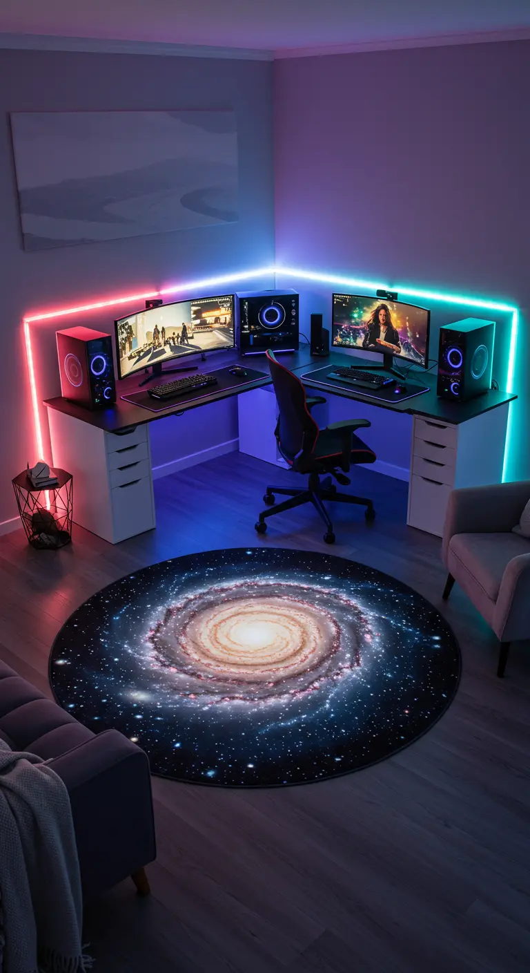Sala de juegos con una gran alfombra redonda con diseño de galaxia y luces LED de colores.