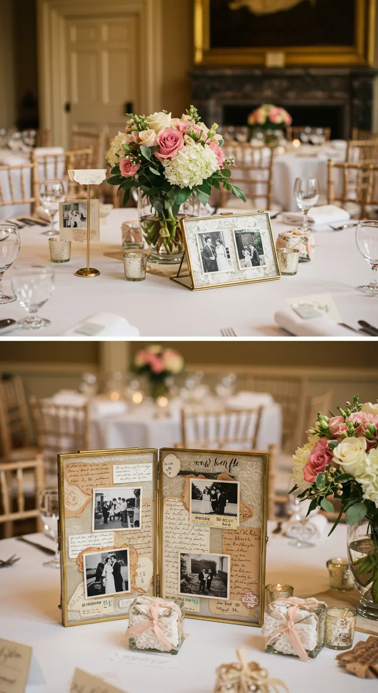 Marco doble de estilo vintage con un collage de fotos, notas y sellos.