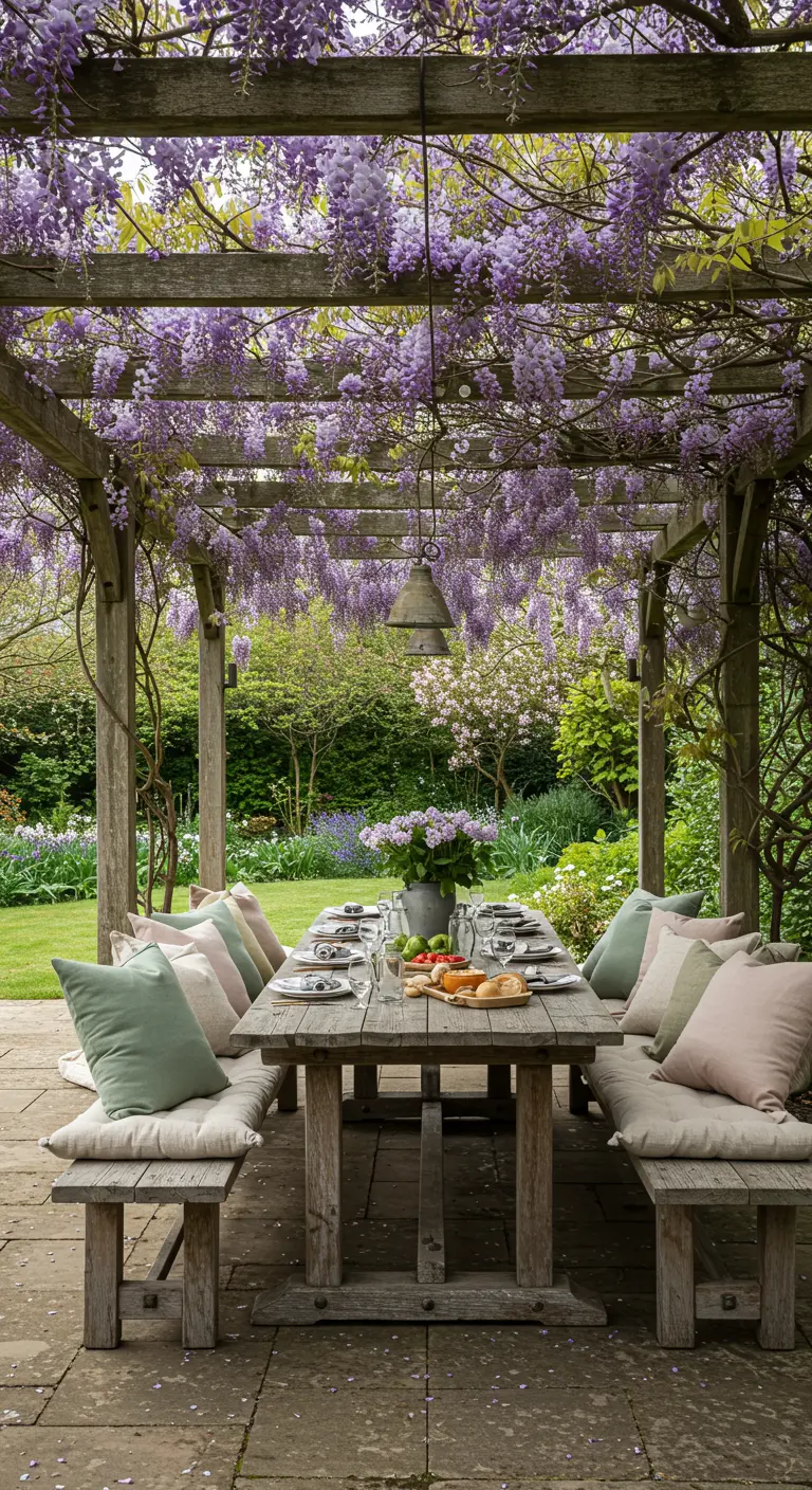 Mesa de comedor rústica bajo una pérgola cubierta de glicinas moradas, con cojines en tonos pastel.