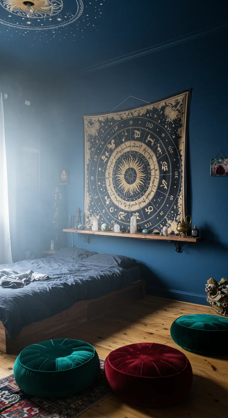 Dormitorio de ambiente místico con un gran tapiz del zodiaco, velas, cristales y cojines en el suelo.