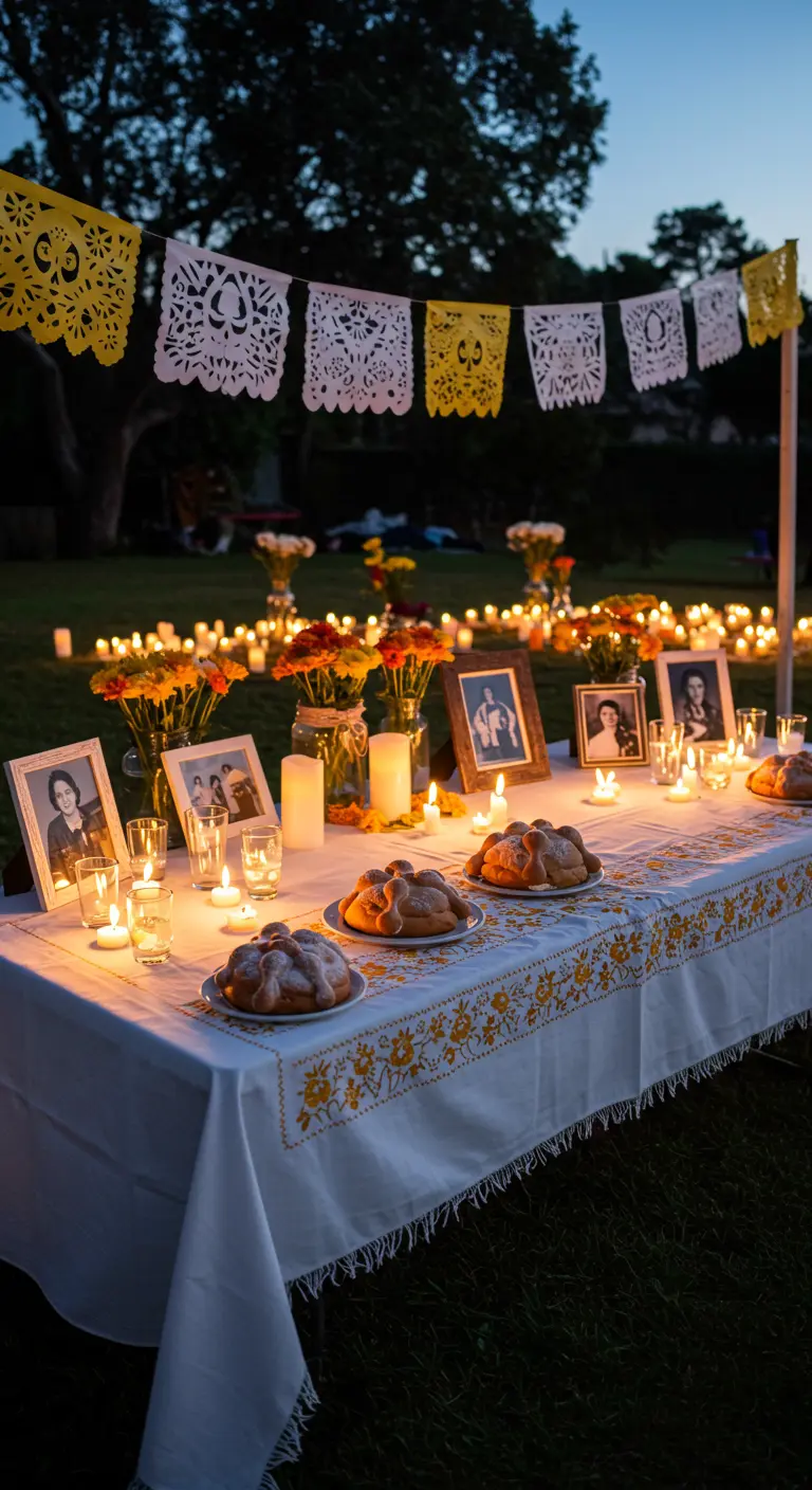 Altar de muertos con pan de muerto, fotos enmarcadas y muchísimas velas encendidas.