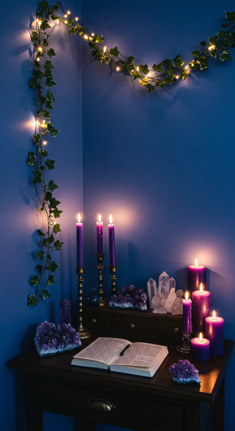 Rincón de journaling místico con paredes azules, velas moradas, cristales y luces de hadas.