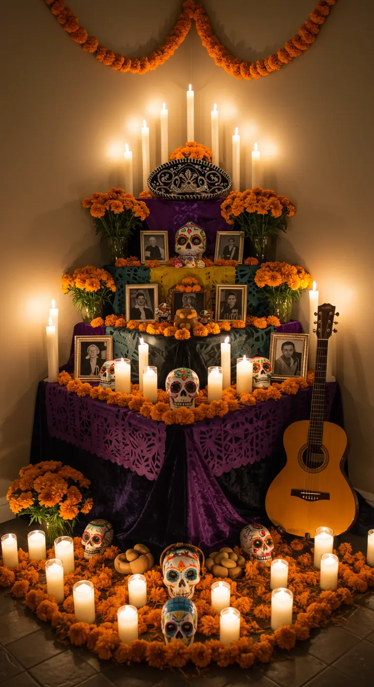 Altar de Día de Muertos con velas, flores de cempasúchil, calaveras de azúcar y fotografías.