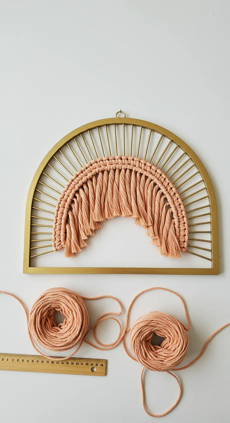 Medio arco de macramé en color coral tejido sobre una estructura metálica dorada