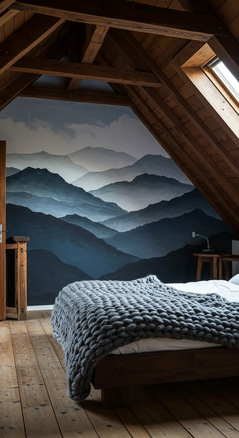 Mural de un paisaje de montañas neblinosas en tonos azules y grises en un dormitorio abuhardillado.