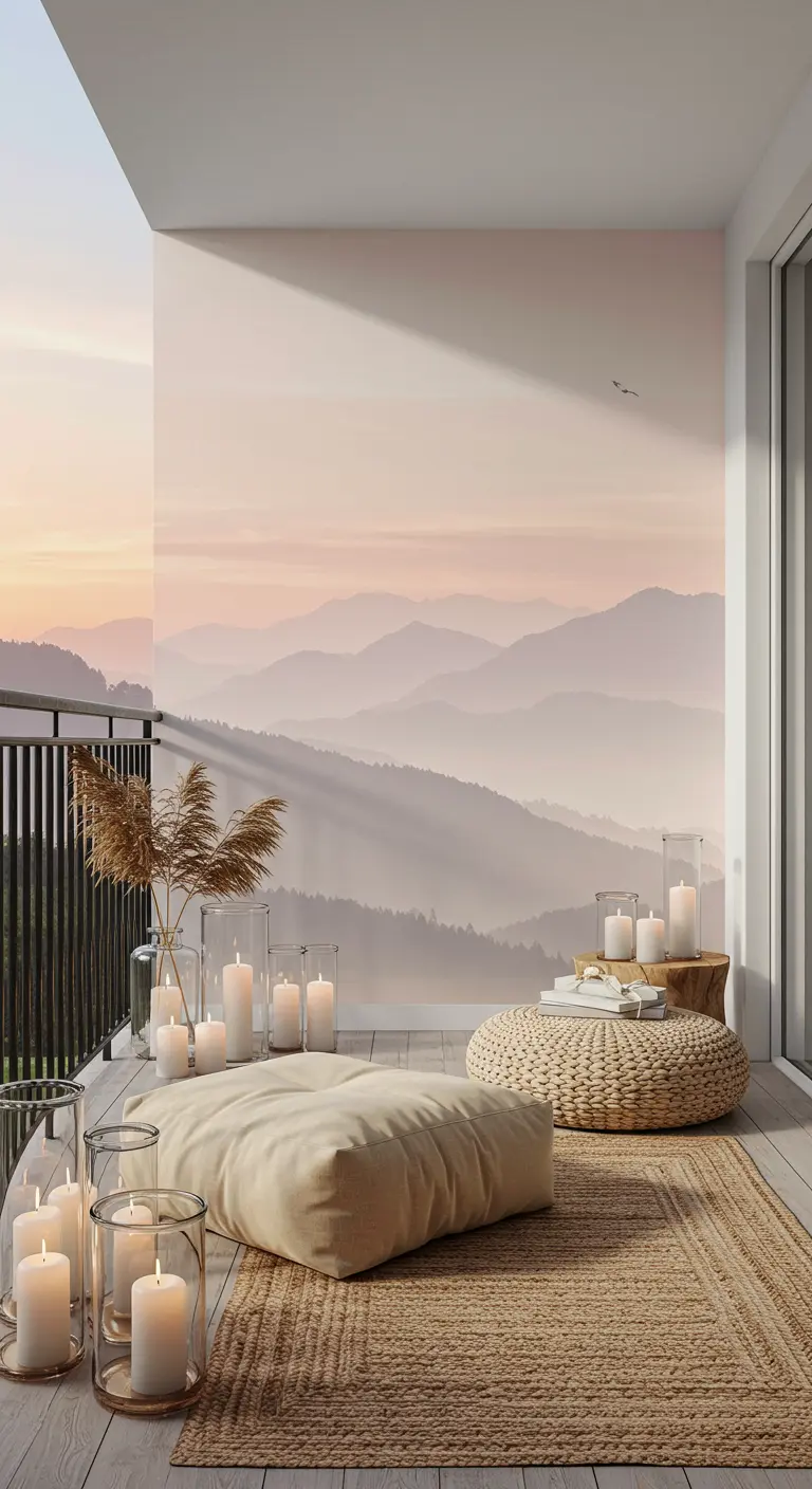 Balcón con un mural de montañas neblinosas en tonos pastel y cojines en el suelo.