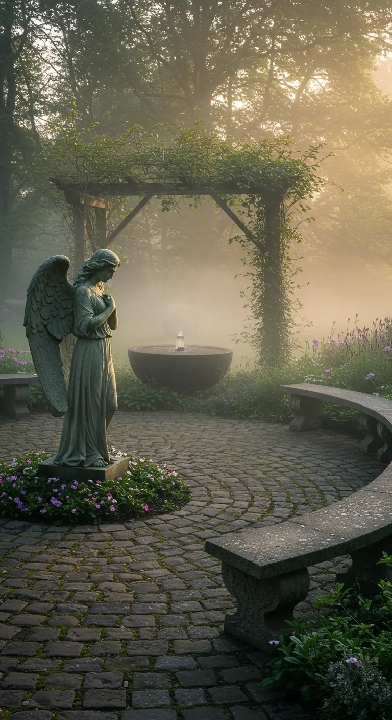 Jardín brumoso al amanecer con una estatua de un ángel, una fuente y bancos de piedra.