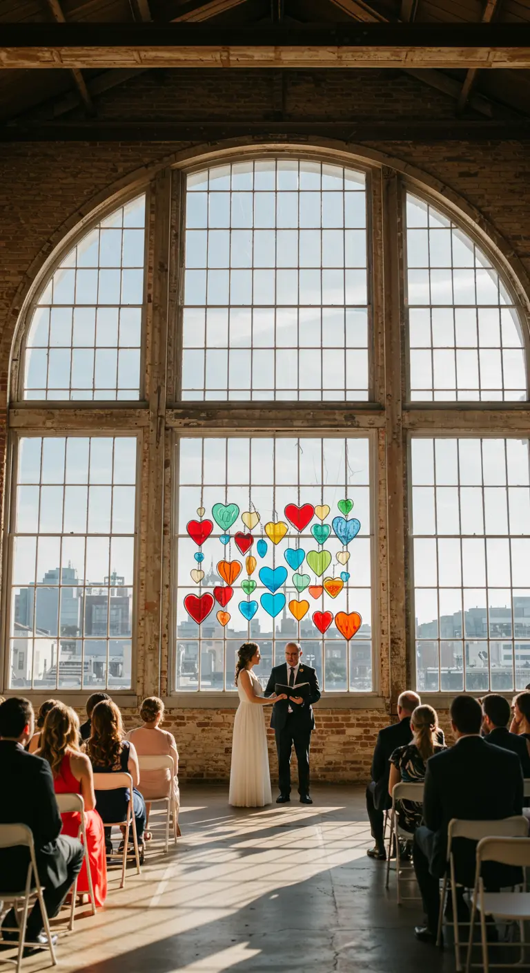 Pareja de novios casándose frente a una ventana industrial con un móvil de corazones de colores.