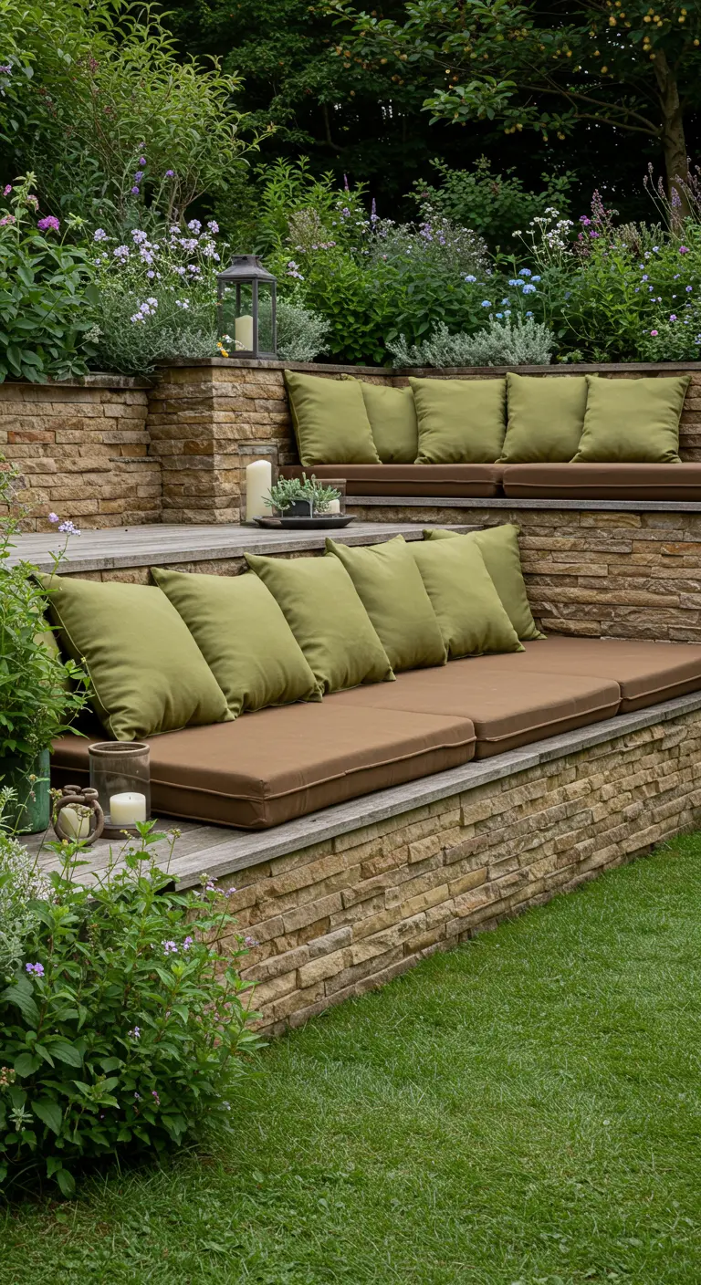 Bancos de obra de piedra escalonados en un jardín, con colchonetas marrones y cojines verde oliva.