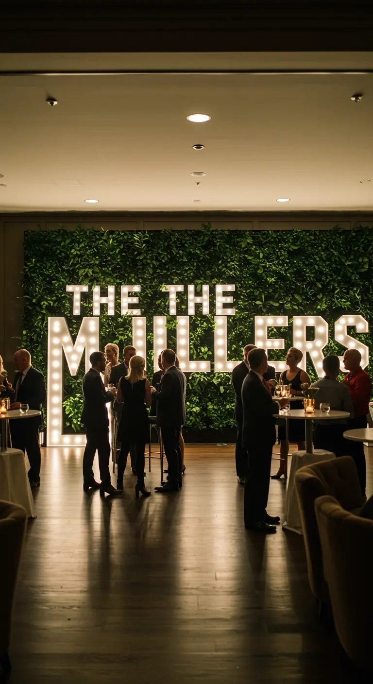 Letras luminosas gigantes con el apellido THE MILLERS contra una pared de vegetación.