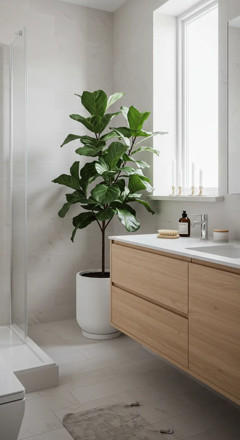 Baño luminoso con mueble de madera clara y una gran planta Ficus Lyrata en maceta blanca.
