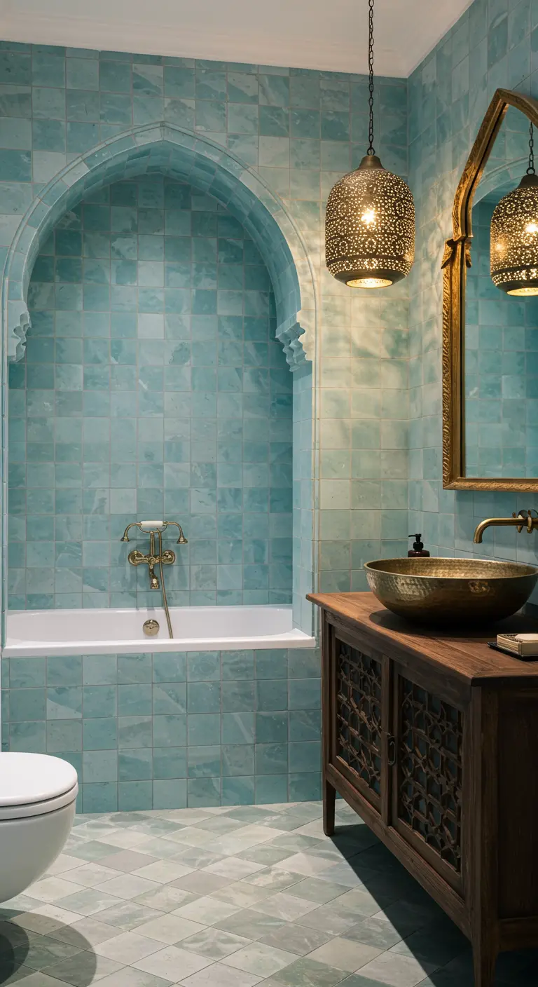 Baño de inspiración marroquí con azulejos turquesa, arco de herradura y lavabo de latón
