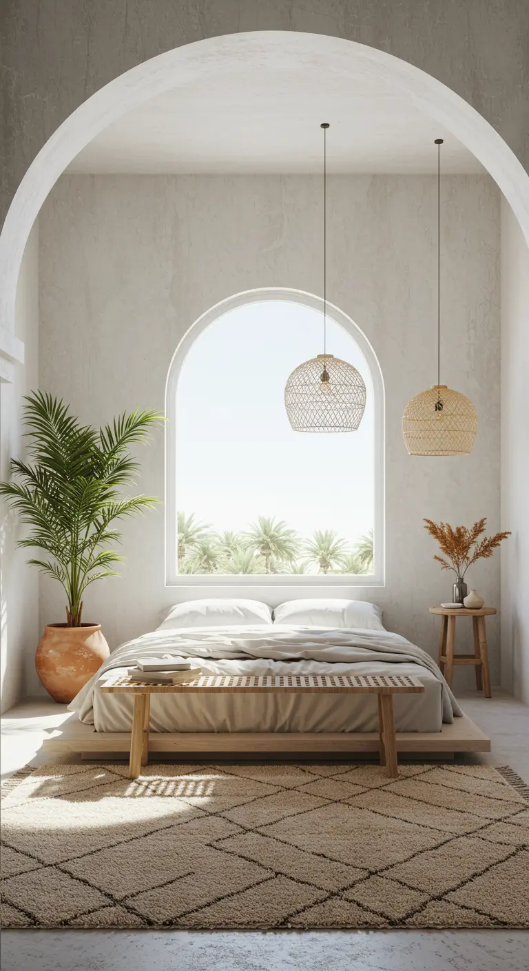 Dormitorio marroquí minimalista con pared encalada, un gran arco como ventana y lámparas de mimbre.