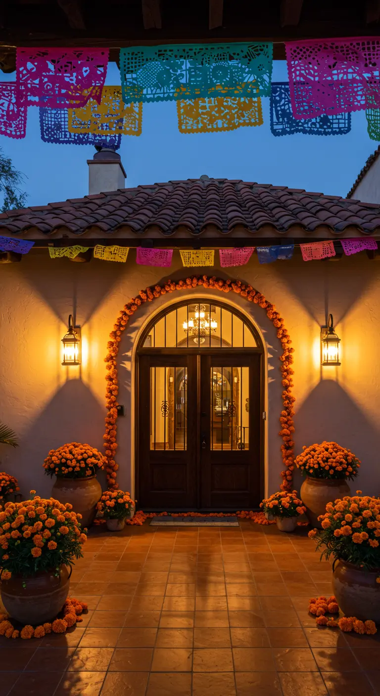 Entrada de una casa de estilo colonial decorada con un arco de cempasúchil y papel picado.