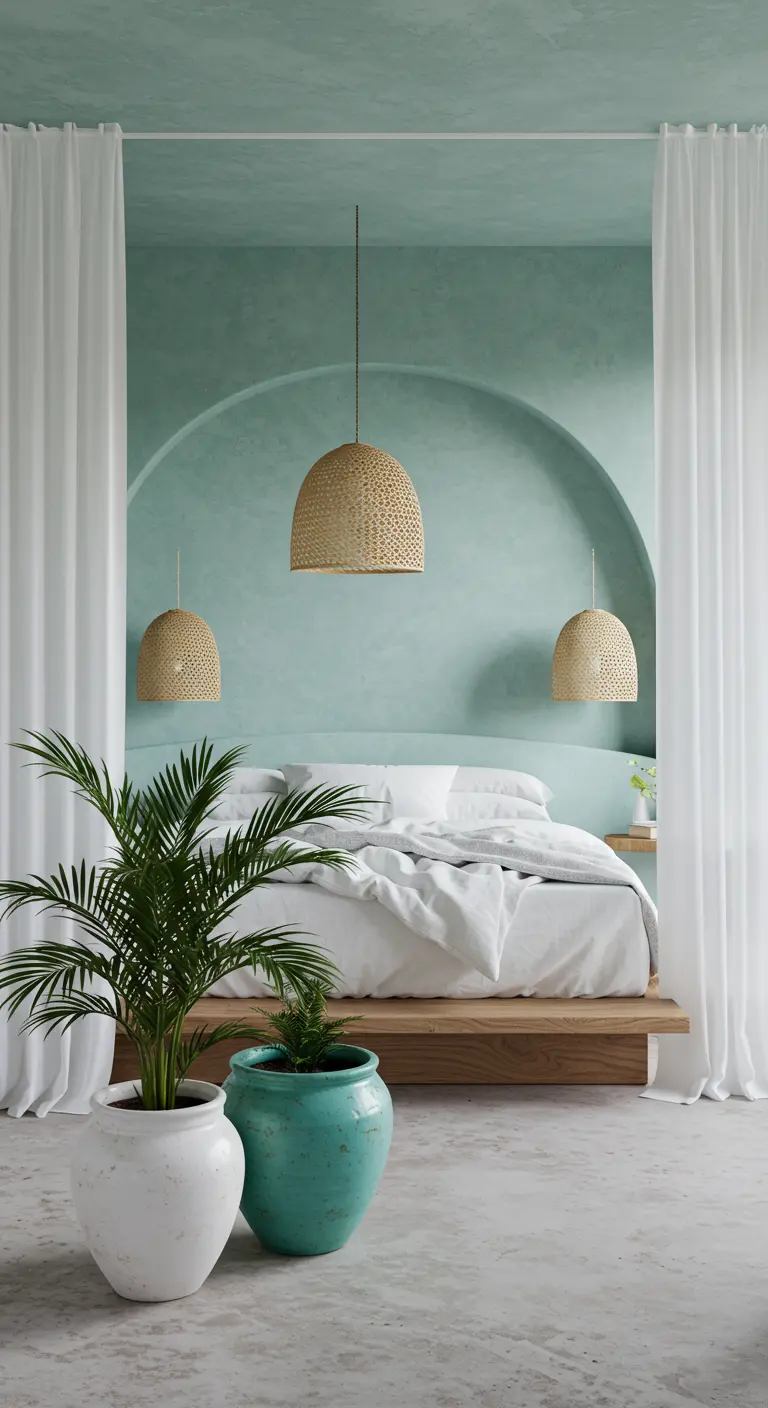 Dormitorio con pared de acento aguamarina en forma de arco y lámparas de mimbre colgantes.