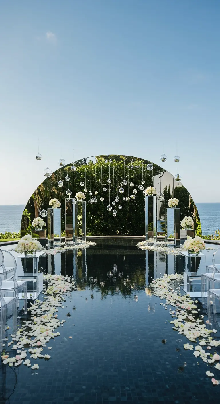 Altar de boda moderno con un arco de espejo y esferas de cristal colgantes frente al mar.