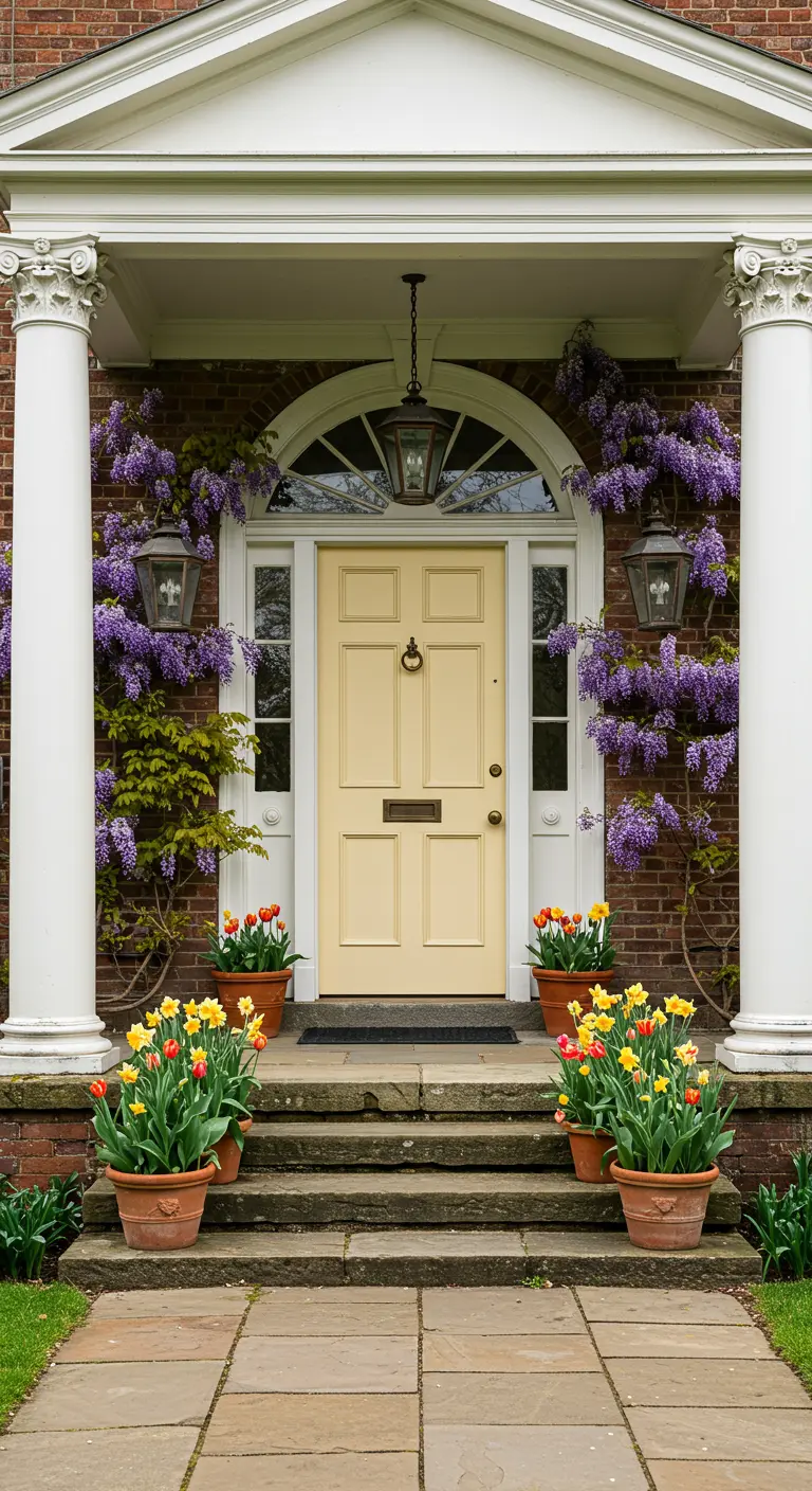 Entrada colonial con puerta amarilla, glicinas moradas trepando por las columnas y macetas de tulipanes