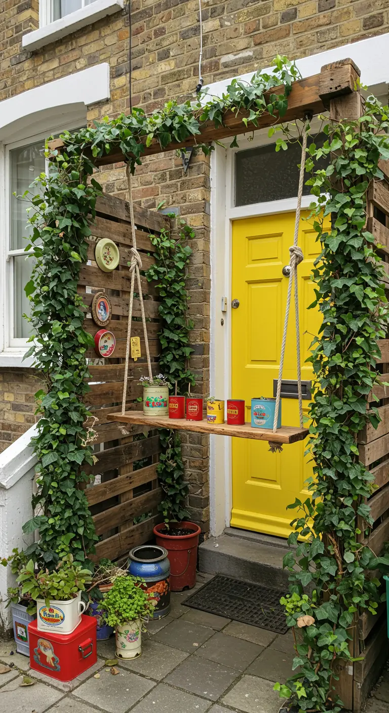 Pérgola de madera cubierta de hiedra alrededor de una puerta amarilla, con un columpio colgando.