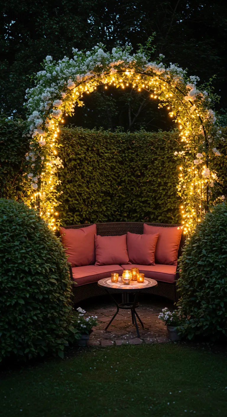 Un arco de jardín cubierto de flores blancas y luces cálidas, con un sofá debajo