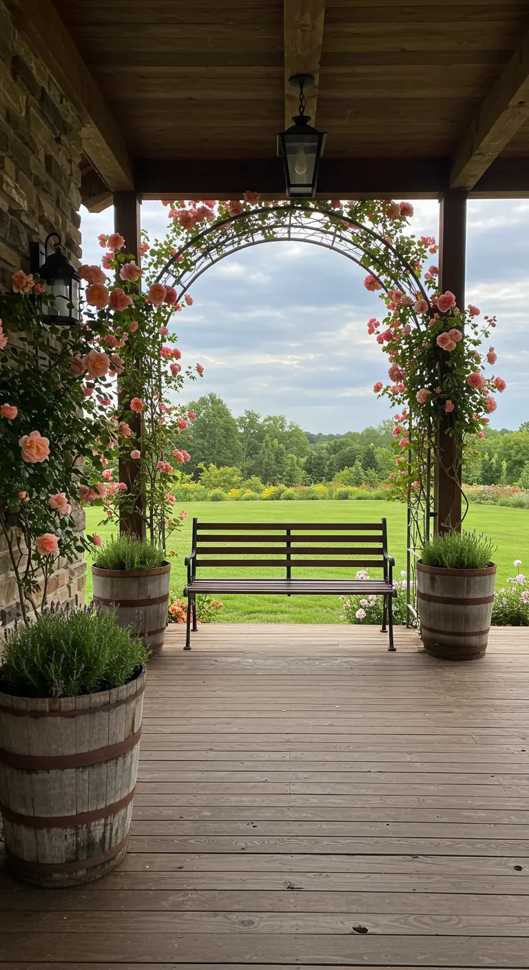 Porche de madera con un arco de rosas color coral que enmarca un banco y una vista al campo.