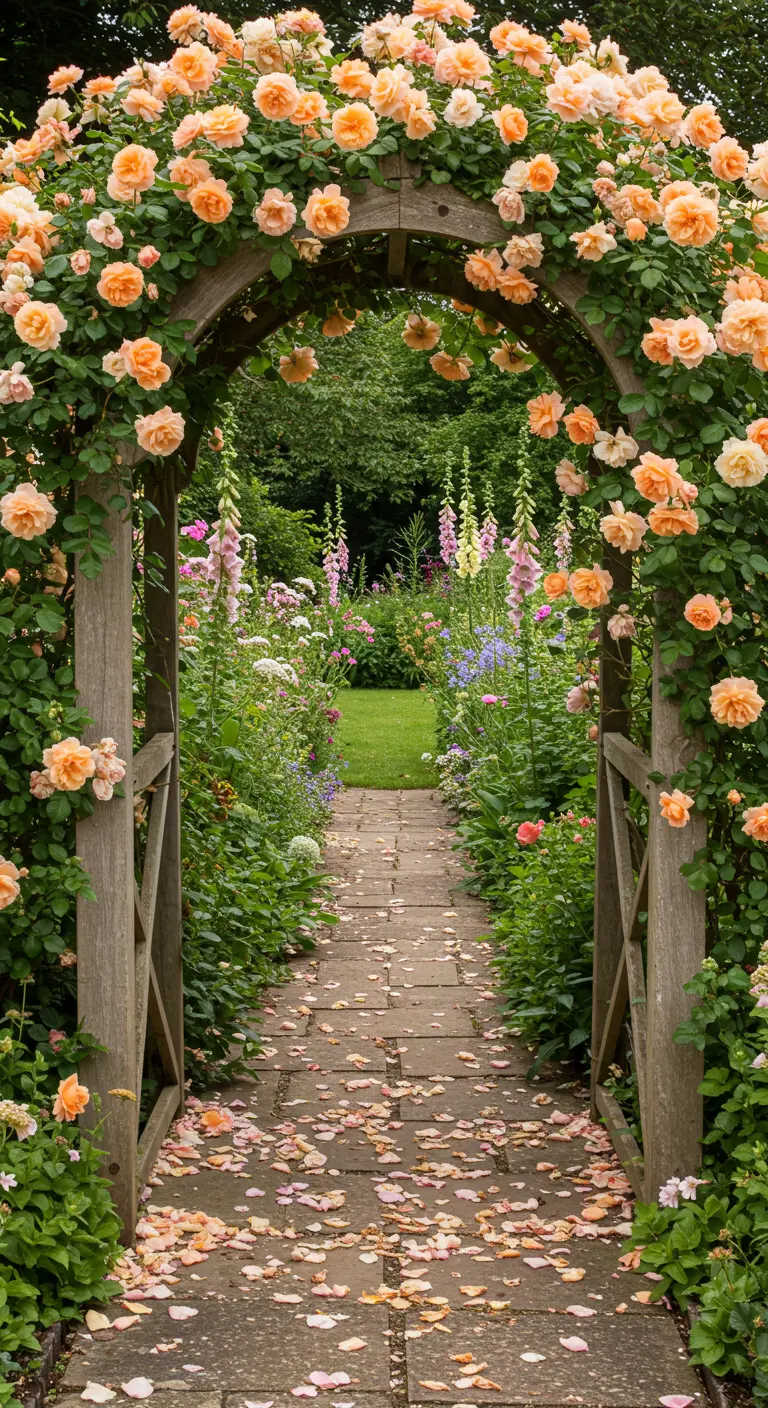 Arco de madera cubierto de frondosos rosales trepadores de color melocotón sobre un camino.