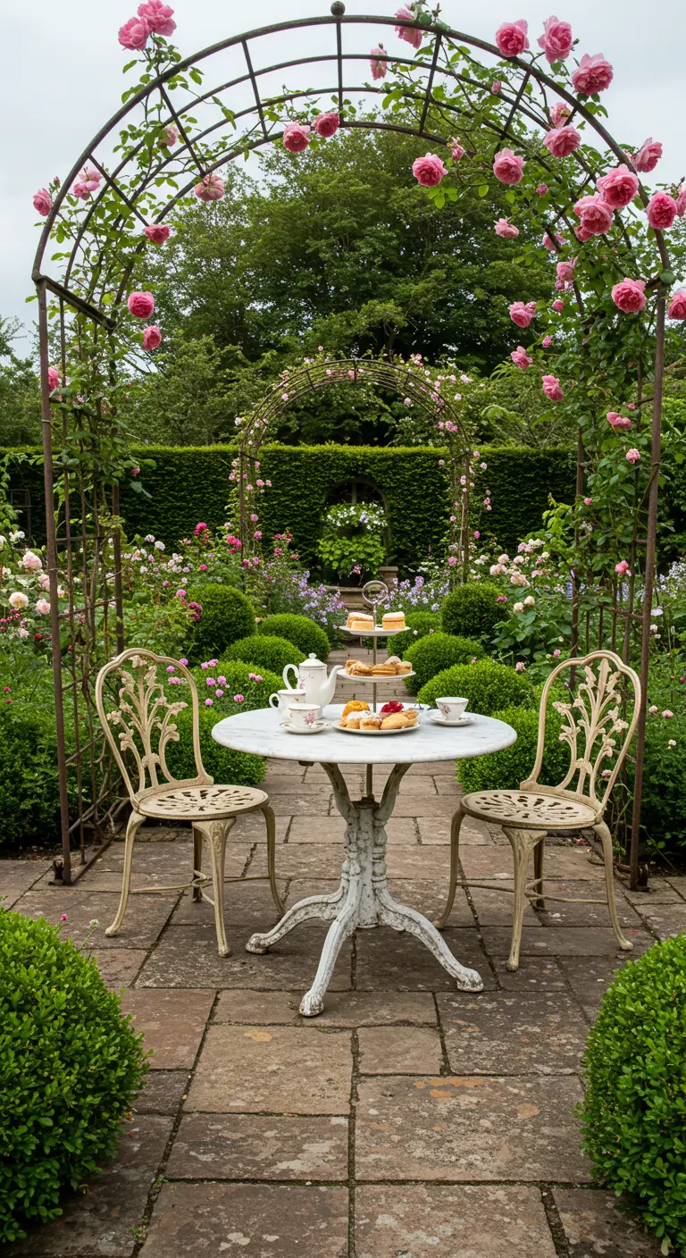 Jardín inglés con un arco cubierto de rosas y una mesa de té para dos personas