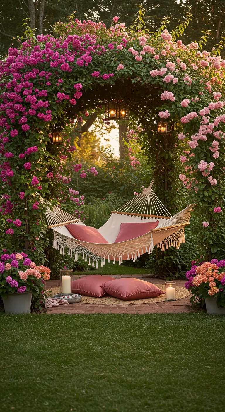 Hamaca de macramé bajo un arco completamente cubierto de rosas rosadas y fucsias.