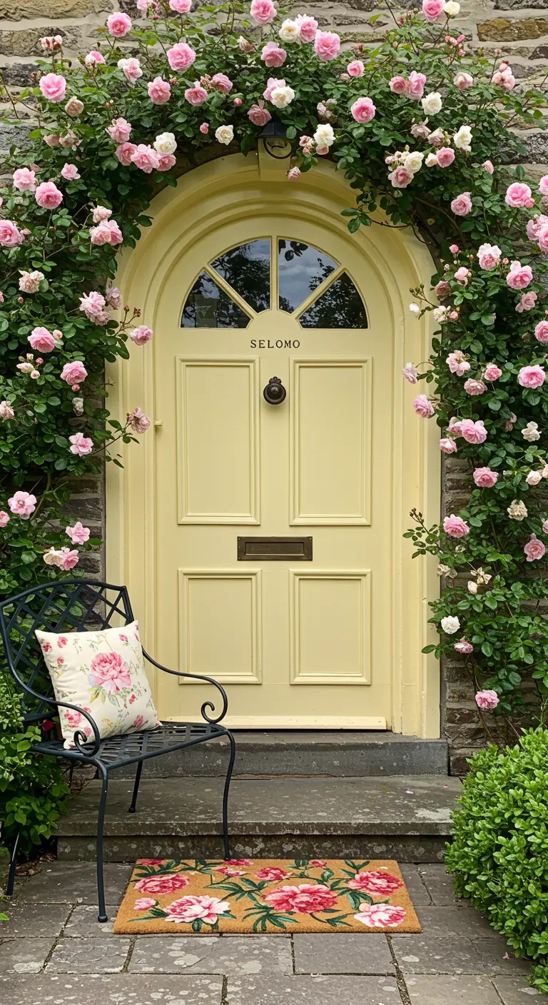 Puerta de entrada amarilla pastel enmarcada por un arco de rosas trepadoras rosas.