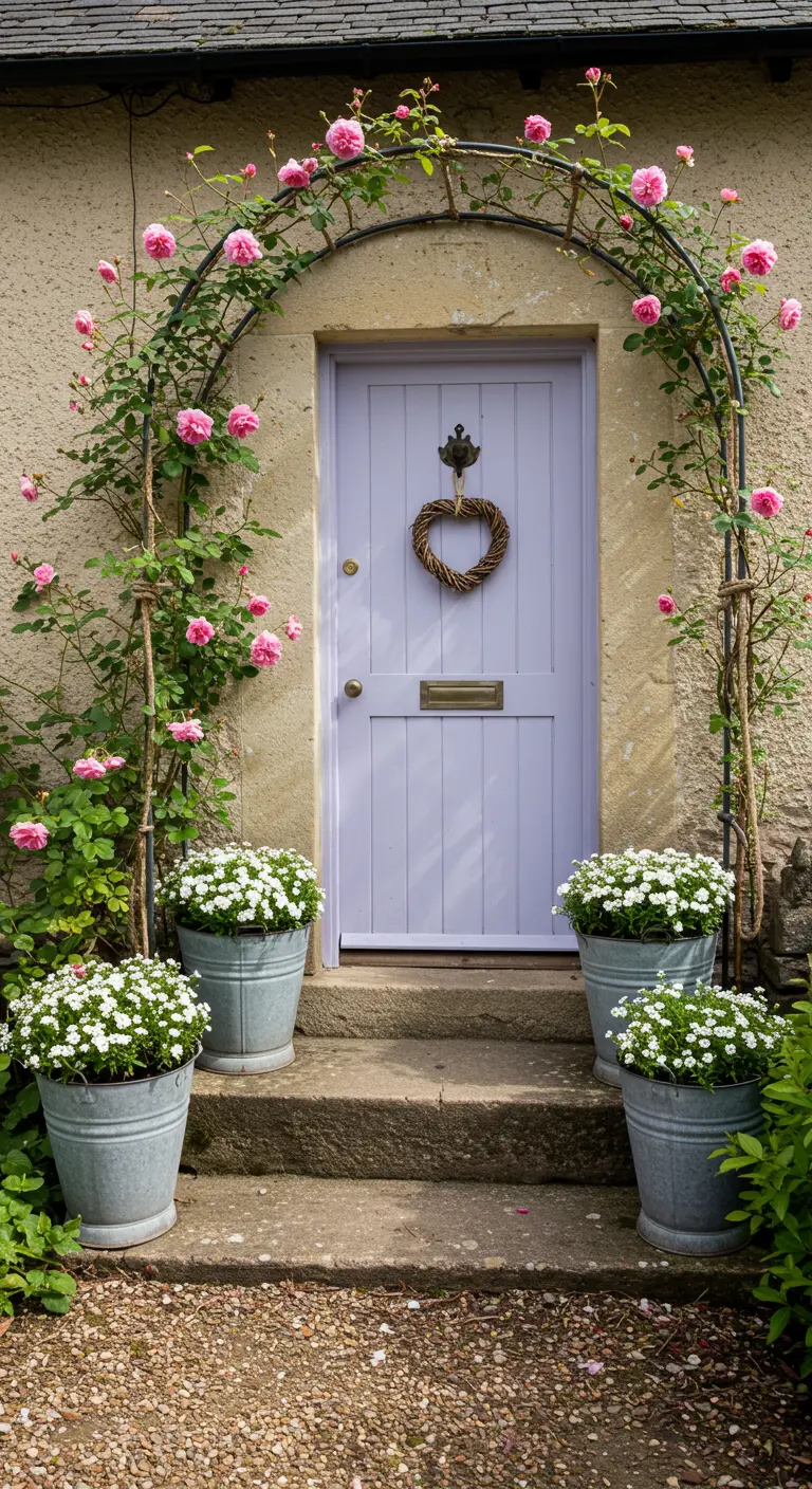 Puerta de color lavanda enmarcada por un arco cubierto de rosas trepadoras de color rosa.