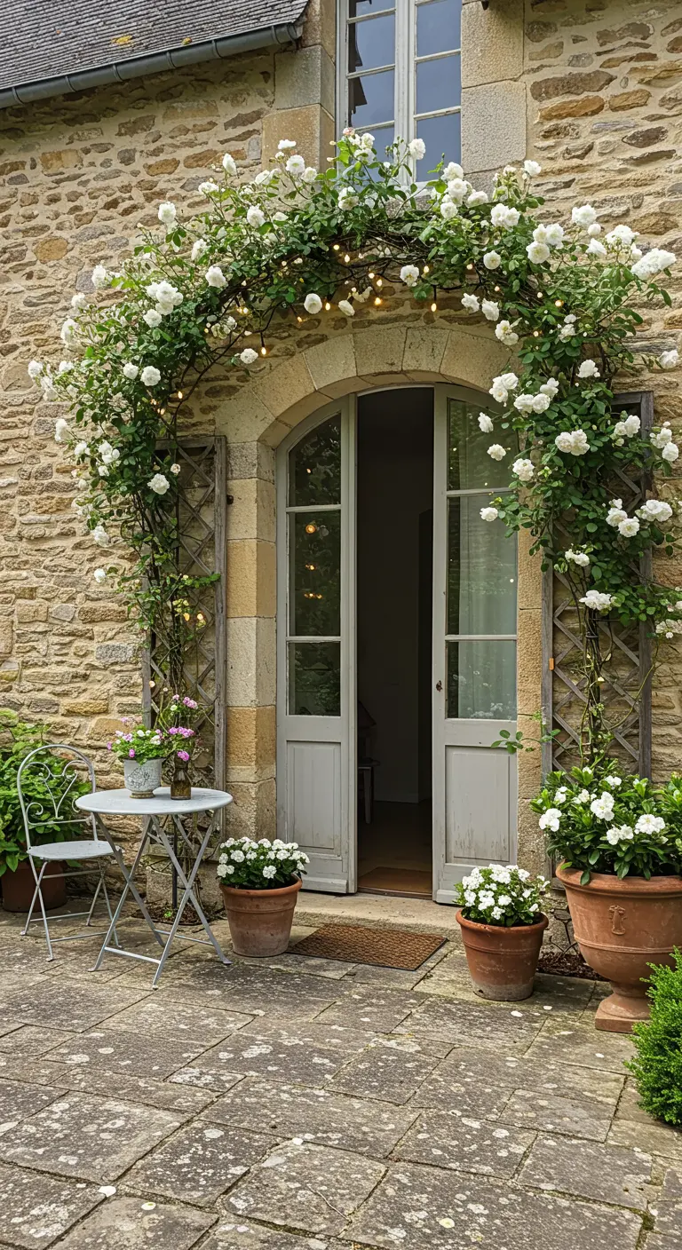 Puerta de casa de campo enmarcada por un arco de rosas blancas trepadoras iluminadas con luces de hadas.