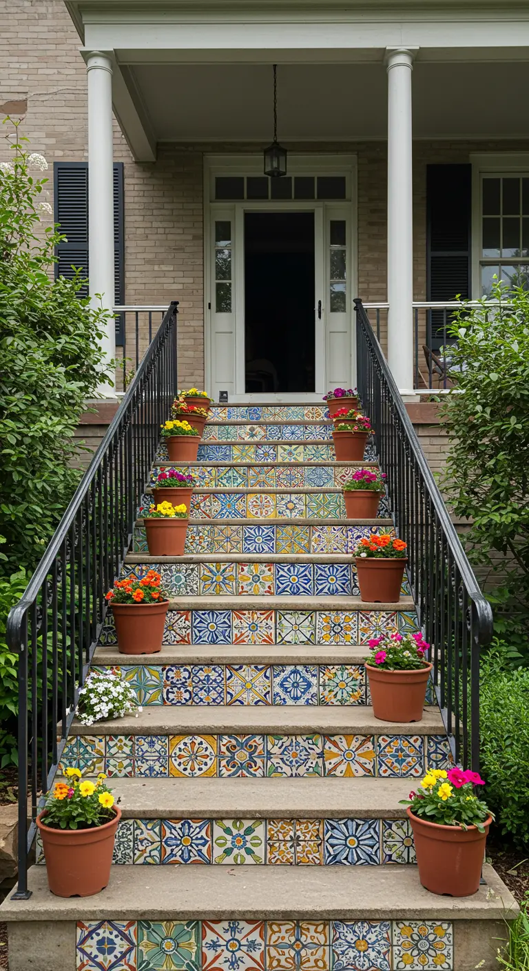 Escalera de entrada con contrahuellas decoradas con un mosaico de azulejos de diferentes patrones.